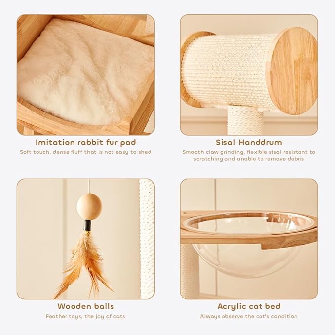Wood Cat Tree for Indoor Cats, Modern Cat Tower, Unique Cat Condo with House, Tall Luxury Furniture with Heavy Duty Wide Base, Kraft Paper Rope Scratching Post, Removable Cushion (74.8-inch)