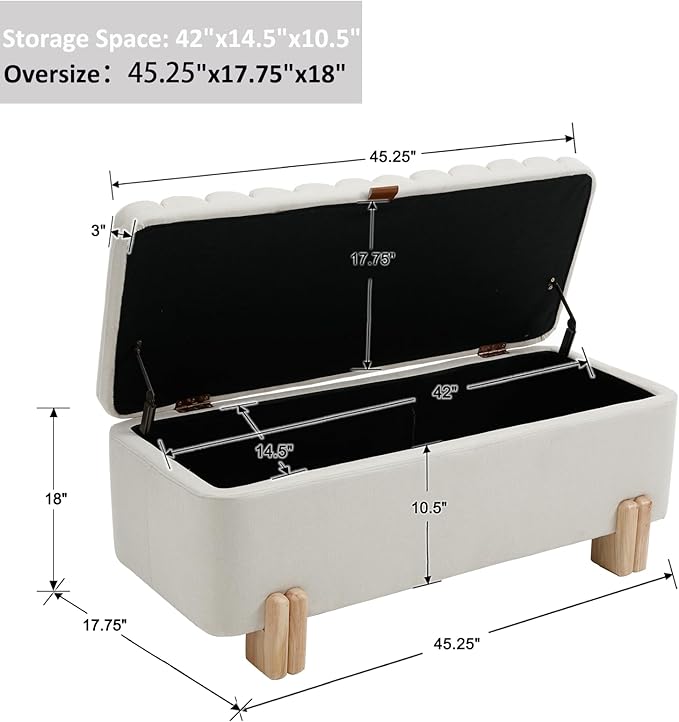 Kmax 45" Storage Bench Linen Entryway Bench Upholstered Ottoman Bench with Wavy Top & Safty Hinge for Bedroom Living Room Hallway, Beige