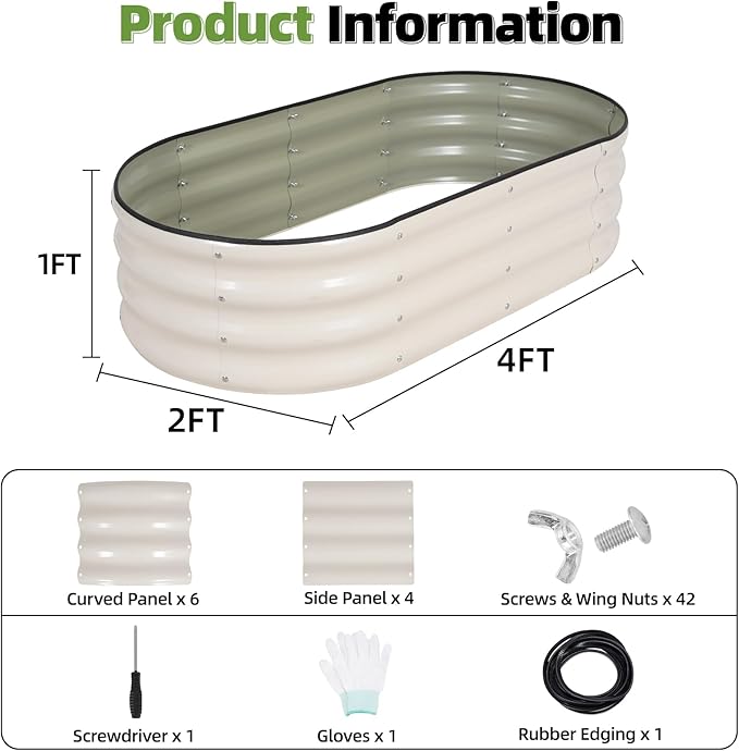 G GOOD GAIN Galvanized Metal Raised Garden Bed Kit - 4x2x1FT Outdoor Planter Box with Safety Edging and Gloves for Vegetables, Fruits, Flowers(White, 2PC)