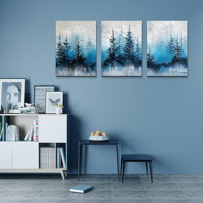 TTHYUEWS Large Canvas Wall Decor for Living Room - Boho Art for Bedroom Forest Landscape Abstract Pictures - Tree Blue Painting Artwork Office Aesthetic Decoration - Hang Easy 3 Piece