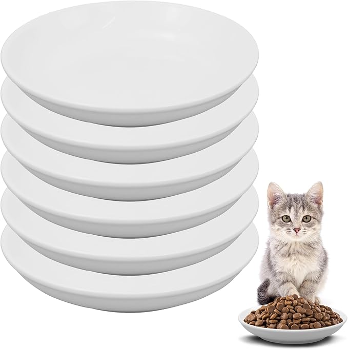6 Pack Cat Food Bowl, Ceramic Cat Bowls, Anti Whisker Fatigue Cats Bowl,5.5 Inches Shallow Wide Kitten Plates for Food and Water (White)