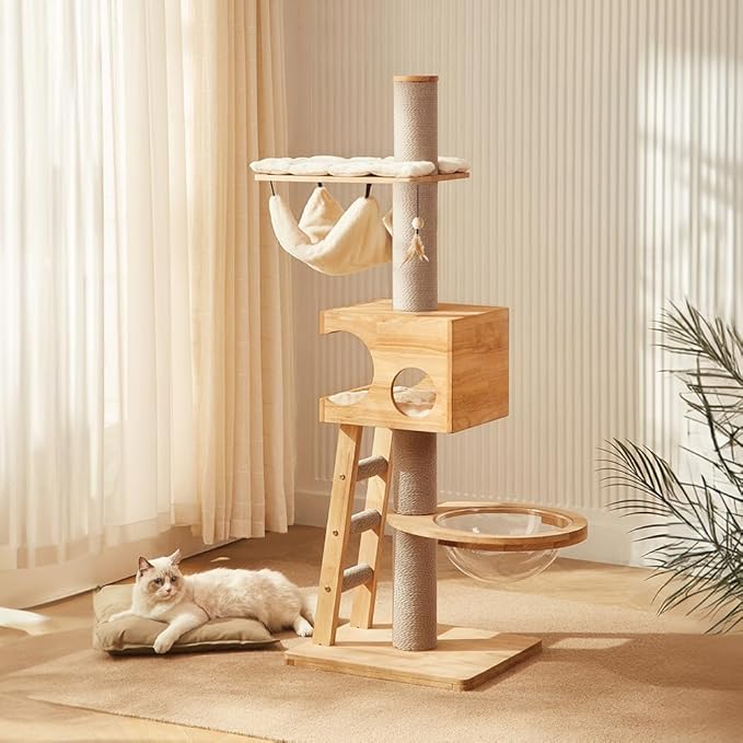 63-inch Modern Cat Tree, Luxury Cat Tower with Scratching Post, Unique Cat Condo with Hammock, Heavy Duty Kitty Climbing Tree for Indoor Cat, Wooden Kitty House for Small Medium Large Cats