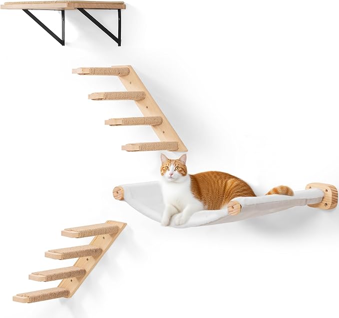 Cat Wall Shelves with 1 Floating Fabric Hammock, 2 Ladders with 4 Steps Each & 1 Flat Cat Shelf, Wall Mounted Bed Furniture & Climber, Indoor Playground