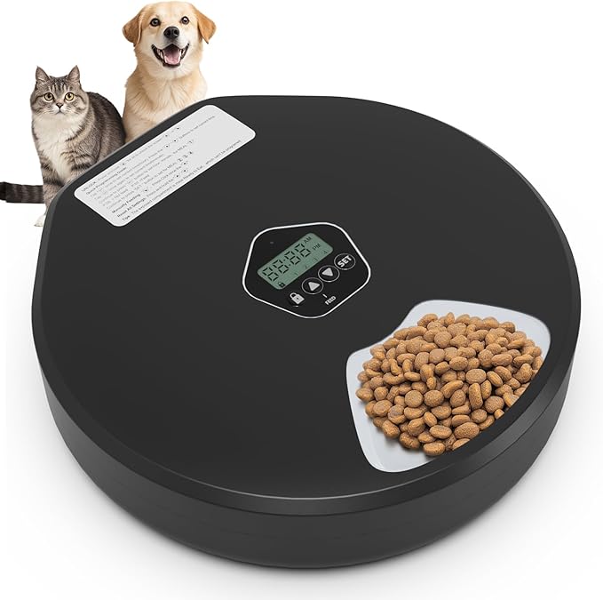 Automatic Pet Feeder for Wet & Dry Food, 5-Meal Timer Dispenser with 2 Ice Packs, Programmable Smart Feeder for Cats/Dogs – Keep Food Fresh Longer (Pet Feeder with 2 Ice Cube Tray)