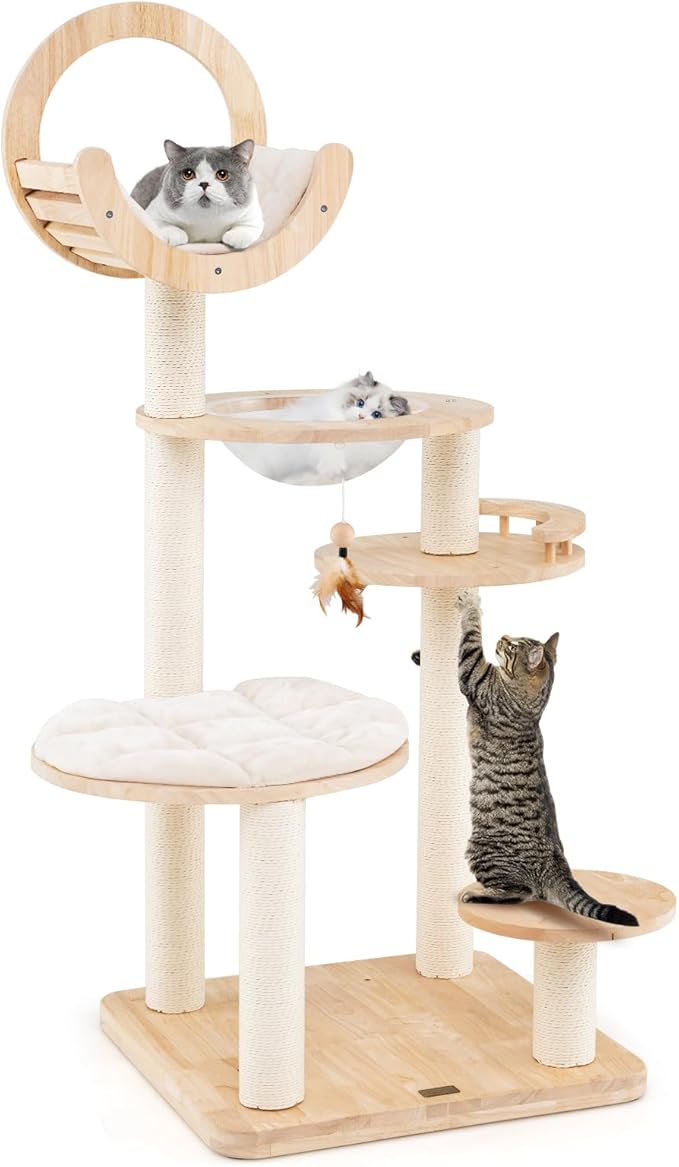 PETSITE 57 Inches Tall Wooden Cat Tree, Multi-Level Cat Tower with Scratching Posts, Space Capsule Bed, Padded Platform and Hanging Ball, Modern Transformable Cat Tree Tower for Indoor Cats Large