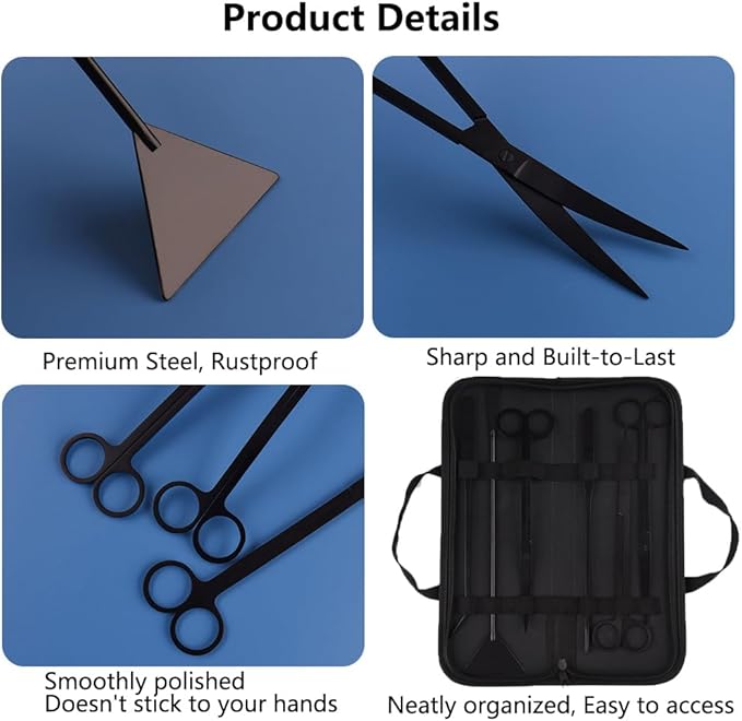 7-in-1 Aquascaping Tools Kit for Aquarium & Terrarium - Stainless Steel Long Tweezers, Curved Scissors, Algae Scraper, Feeding Tongs - Live Plant Trimming & Tank Cleaning Accessories