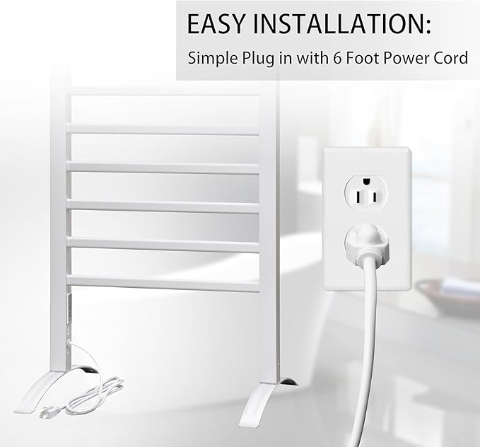 KEG Towel Warmer 8 Bars for Bathroom Freestanding or Wall Mounted Bath Towel Heater Plug-in with Built-in Timer Silver