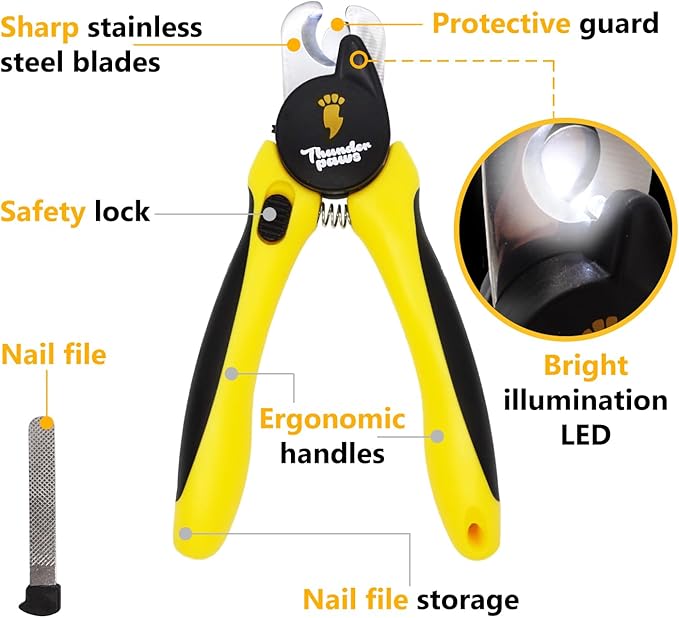 LED Dog Nail Clippers with Light, Trimmers with Protective Guard, Quick Sensor, Safety Lock and Nail File - Suitable for Large and Small Dogs & Cats (Yellow, LED)