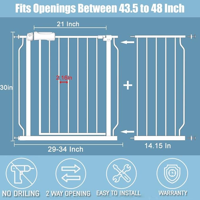 Extra Wide Baby Gate 14.17in Wide Extensions Walk Through Baby Gate Pressure Mount Auto Close Child Safety Gates (White, Extension-14.17"/36cm)
