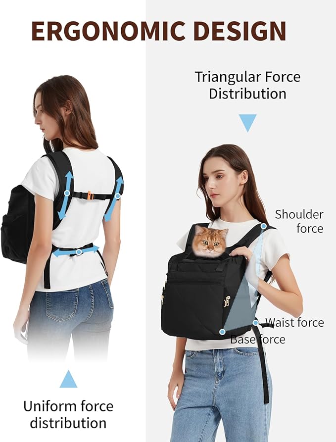 OFY Cat Carrier Puffy Backpack Breathable Small Dog Front Backpack Large Space for Small Dogs, Drawstring & Water-Resisant Pet Bag for Travel Hiking, Black Patent Pending