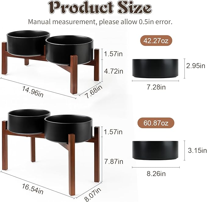 SPUNKYJUNKY Raised Ceramic Dog Bowls Set with Non-Slip Acacia Wood Stand for Medium Sized Dog(42.27 OZ, Black)