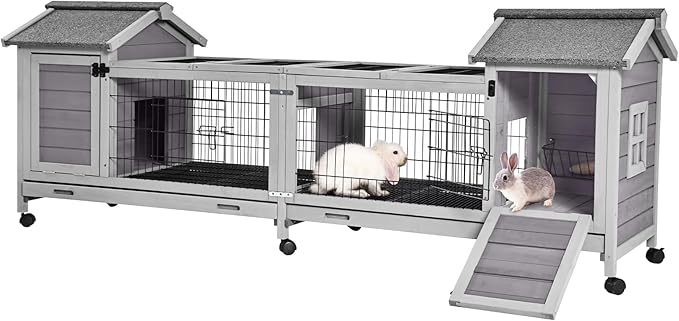 Wooden Rabbit Hutch with Wheels, Indoor Outdoor Bunny Cage with Removable Netting, Guinea Pig House with Leak-Proof Trays