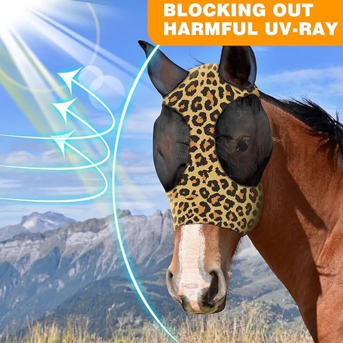 Horse Fly Mask with Ears - Comfort Fit, Durable & Breathable, Easy to on/Off | UV Protection, Large Eye Space, Stretchy Leopard Print (2pcs Large, Tangle-Free)