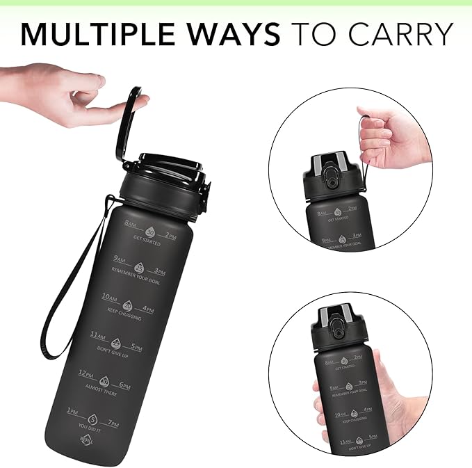 32oz Motivational Water Bottles with Time Marker & Fruit Strainer, Transparent Gradient Color Water Bottle with Times to Drink, Leakproof & BPA Free, Reusable Bottle with Strap (No Straw)
