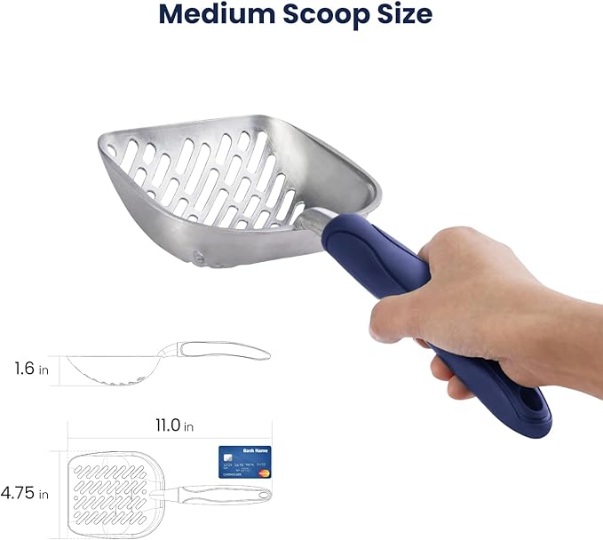 WePet Cat Litter Scoop, Aluminum Alloy Sifter, Kitty Metal Scooper, Deep Shovel with Diagonal Sifting Hole, Long Handle, Kitten Poop Lifter for Litter Box, Medium Size, Blue Handle