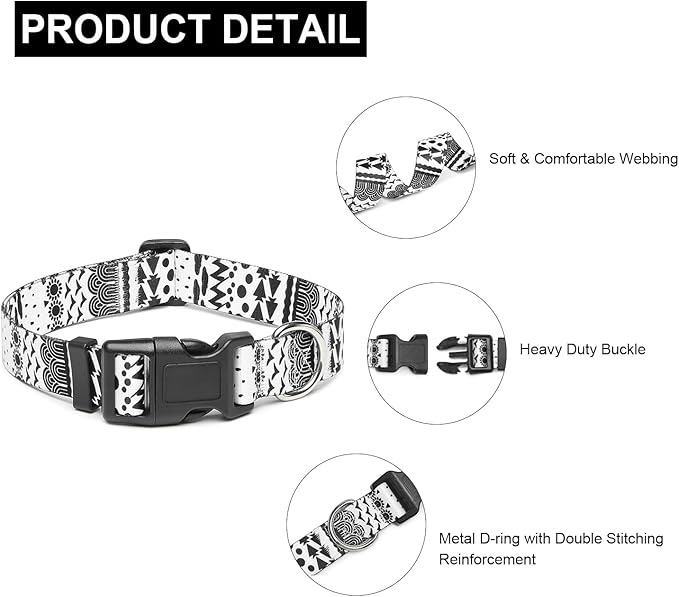 Mercano Adjustable Dog Collar - Special Design Patterns, Soft Nylon Comfortable Durable Pet Collar for Small Medium Large Dogs (M, Black White B)