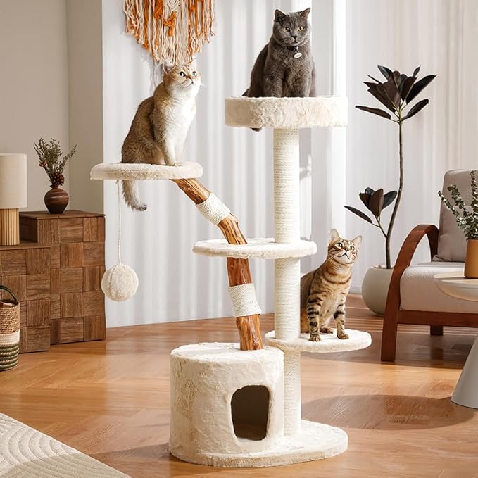 Unique Cat Tree for Indoor Cats,46‘’ Luxury Multifunctional Cat Tower with Natural Wood Scratching Post,Fur Cat Hammock and Viewing Platform,Funny Toy,Comfortable Cat Condo with Stable Cat Base