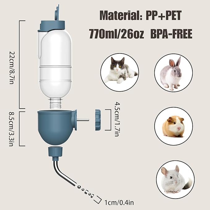 Pet Water Bottle for Cage Crate 26oz Non-Drip Water Dispenser for Small Animal Rabbit Bunny Guinea Pig Chinchilla Ferret Squirrel Hedgehog (Blue, 26oz)