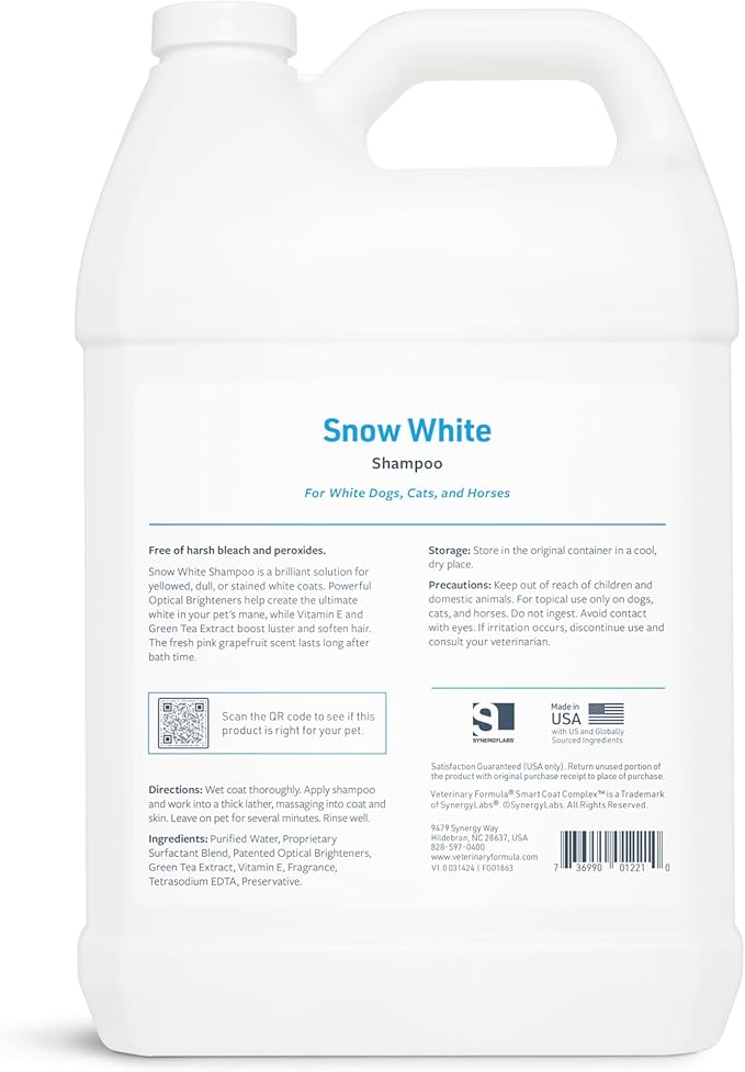 Veterinary Formula Smart Coat Complex Snow White Shampoo for Dogs and Cats, 128 Fl oz / 1 Gal – Gently Remove Stains & Yellowing Without Bleach/Peroxide – Cleans, Deodorizes & Brightens White Coats