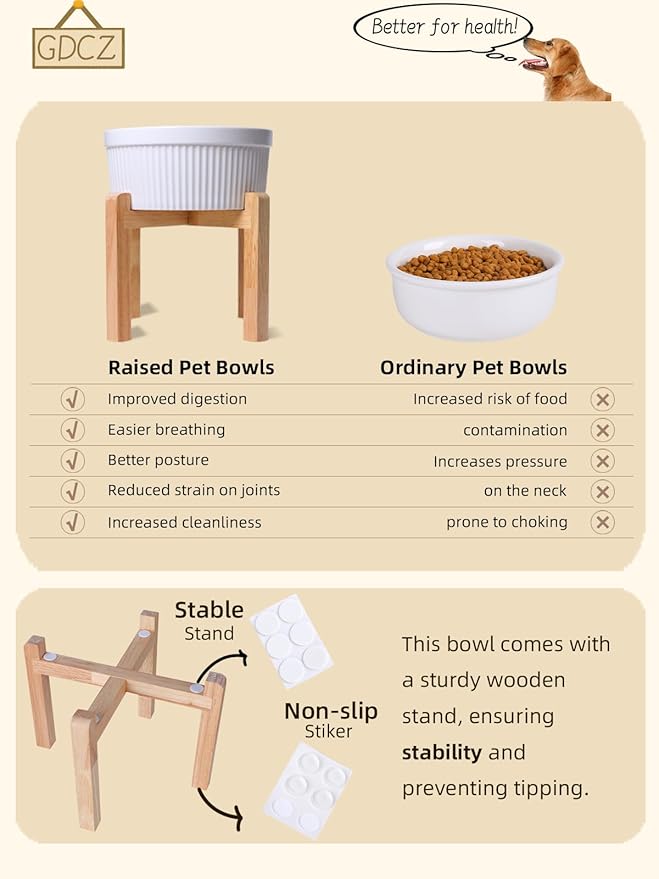 Large Dog Food Bowl, 65 oz Ceramic Bowls for Medium Breed, Pet Food Water Dish Heavy Wighted, Raised Dog Bowl with Wooden Stand, White