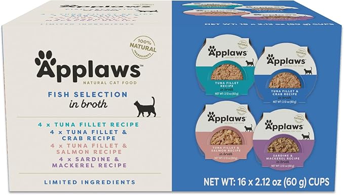 Applaws Natural Wet Cat Food, Limited Ingredient, Grain-Free, Protein with No Artificial Additives, Variety Fish Selection in Broth (16 x 2.12 oz Easy-Open Cups)