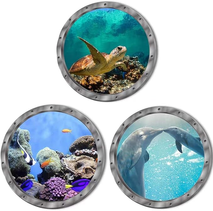 9PCS Ocean Animals World Under Sea Decor Sea Turtles Dolphins Fishes Sharks Coral Removable 3D Peel and Stick Vinyl Stickers