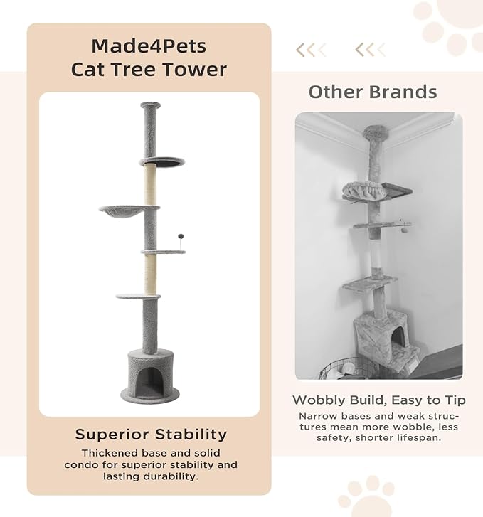 Made4Pets Floor to Ceiling Cat Tree 93-106'',Tall Cat Tower 5 Tiers,Adjustable Height, Stable Cat Tree Tower with Scratching Posts, Fluffy Condo, Hammock and Ball Toy for Indoor Cats/Kitten, Gray