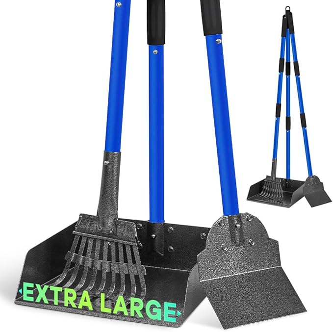 Larger Pooper Scooper Dog Pooper Scooper for Large Medium Small Dogs Heavy Duty Stainless Steel No Bending with Rake & Shovel & Extra Large Tray for Yard