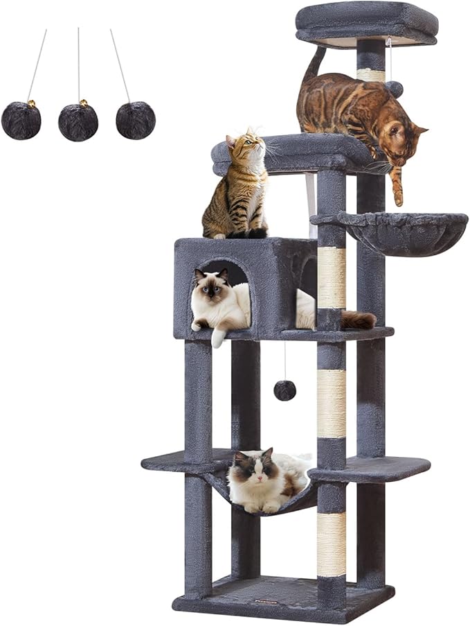 Taoqimiao MS042G Cat Tree,66-inch Large Cat Tower with Scratching Posts, Luxurious Large Platform for Big Cats with Soft Hammock, Adjustable Basket, Deluxe Cat Cando, Top Perch Smoke Gray