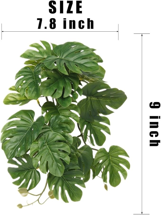 Reptile Plants for Terrarium, Amphibian Habitat Decor Artificial Hanging Plants with Suction Cup - Fake Monstera