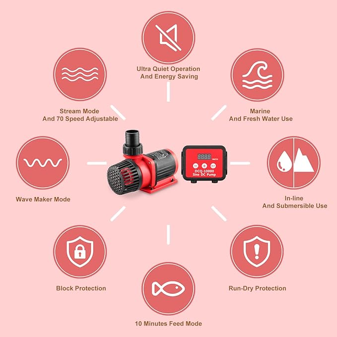 2640GPH 80W Aquarium DC Retrun Pump With LCD display Controller,DC24V 18FT Lift Controllable water pump for fresh and marine water fish tank,100 speeds ECO Quiet inline and submersible pump