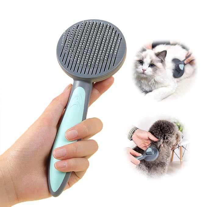 PAKEWAY Cat & Dog Grooming Brush - Self Cleaning, Release Button, Kitten & Pet Brush for Short, Medium & Long Hair (Green)