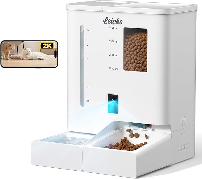 Automatic Cat Feeder with Camera,5G/2.4G WiFi Pet Feeder,2K HD Video and Night Vision,Easy APP Operation,Low Food and Food Clogging APP Tips,Water and Grain Large Capacity Feeder