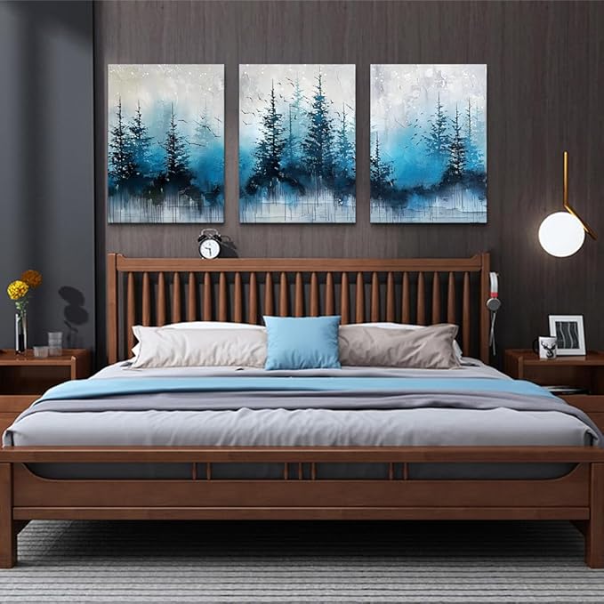 TTHYUEWS Large Canvas Wall Decor for Living Room - Boho Art for Bedroom Forest Landscape Abstract Pictures - Tree Blue Painting Artwork Office Aesthetic Decoration - Hang Easy 3 Piece