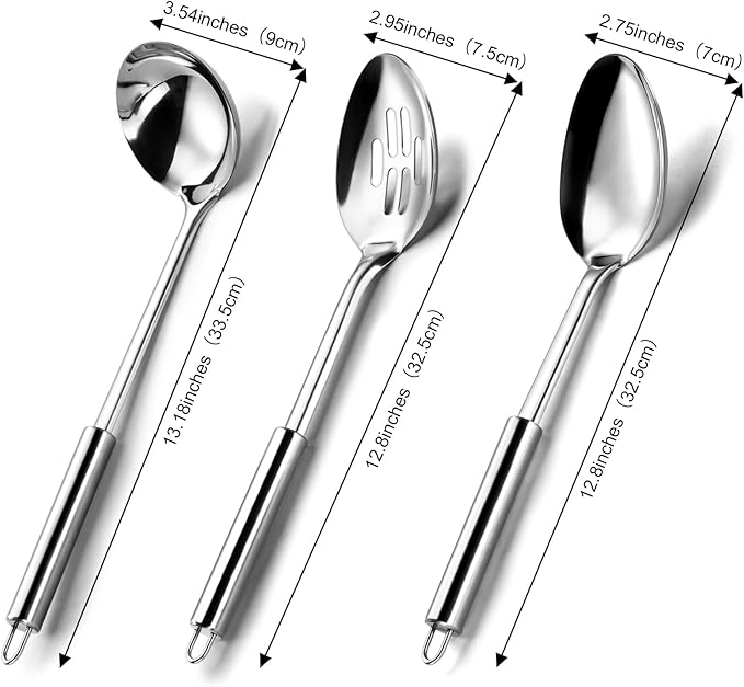 Pleafind Serving Utensils Set for Parties,3-Piece Silver Stainless Steel utensils set,Includes 1 Serving Spoon, 1 Slotted Spoon and 1 Soup Ladle,Serving Spoons for Buffet