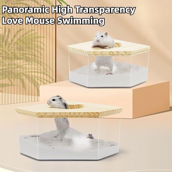 Hamster Sand Bath Box Container, Small Pet Sandbox Lid Design Take Bath Wooden Sandbox Dust Bath, Transparent Bathroom & Digging Box Acrylic Syrian Hamster Litter Box Small Animal Accessories (C)