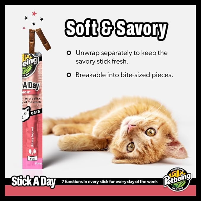 Stick a Day | Specially Formulated 7-in-1 Functions Daily Real Meat Supplement for Cats | Cat Chew Stick & Pet Vitamins Supplements Combination (7-Pack x 4, Salmon)