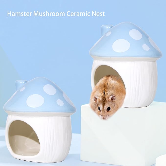 Ceramic Mushroom Hamster Hideout - Hamster Habitat for Hamsters Chinchillas Hedgehogs and Gerbils Mouse Small Pet Guinea Pigs House Hamster Bed (Blue)