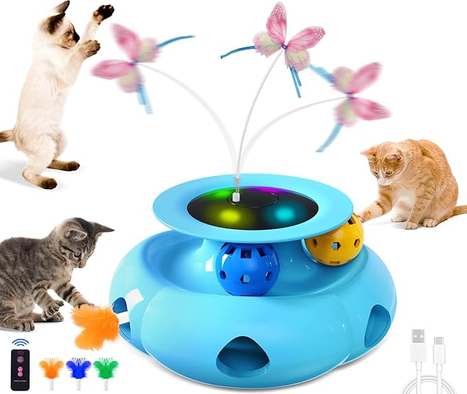 3in1 Interactive Cat Toys for Indoor Cats Rechargeable,Whack a Mole Cat Toy, Fluttering Butterfly, Track Balls, Automatic Kitten Toys Touch Activated, 2 Refill Feather