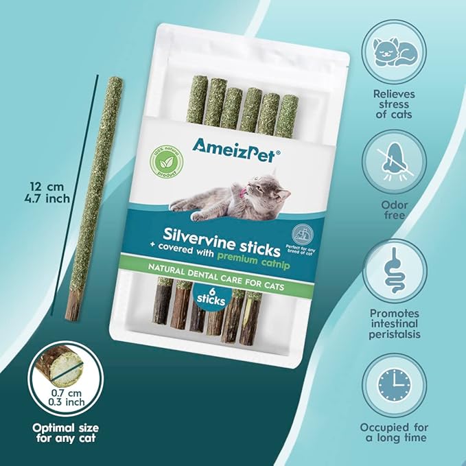 Silvervine Sticks for Cats, Chew Sticks Covered with Catnip Dust - Natural Matatabi Cat Dental Care, Silvervine Cat Teeth Cleaning, 6 Pcs