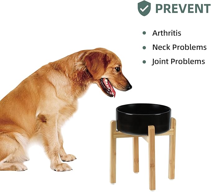 Ceramic Elevated Dog Bowl Set, Raised Food and Water Bowl for Large Breed Dogs, Weighted Dishes, Black (8.2'', 60OZ)