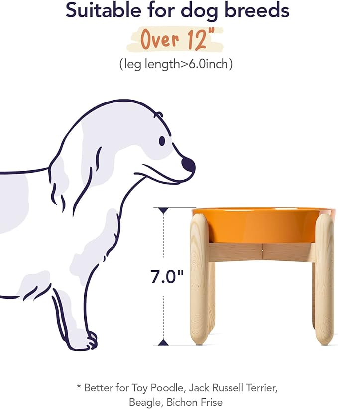 LE TAUCI Ceramic Slow Feeder Puzzle Bowl Elevated 1.5 Cup with Wooden Stand for Small & Medium Dog, Fast Eater Food Bowl Sun Orange