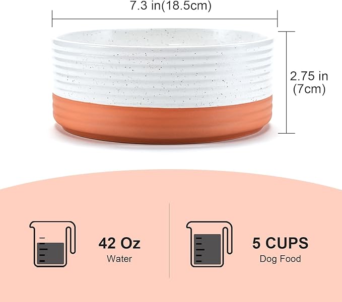 SPUNKYJUNKY Ceramic Dog Bowls 2 Pack, 7.3'' Dog Food Water Double Feeding Bowls Non-Slip for Medium to Large Sized Breed Microwave Dishwasher Safe - 42 OZ, 2pcs, Pattern White