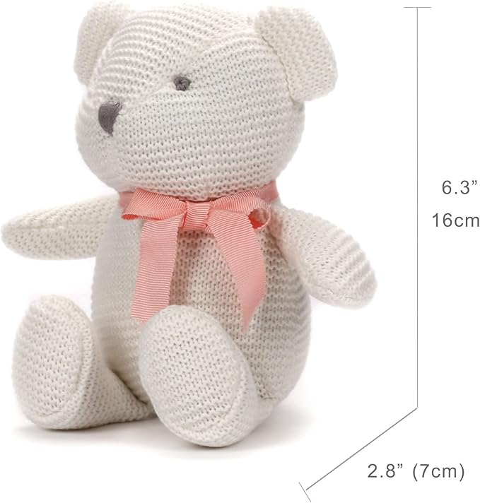 100% Organic Cotton Baby Stuffed Animals White Teddy Bear for Newborn 6.5"
