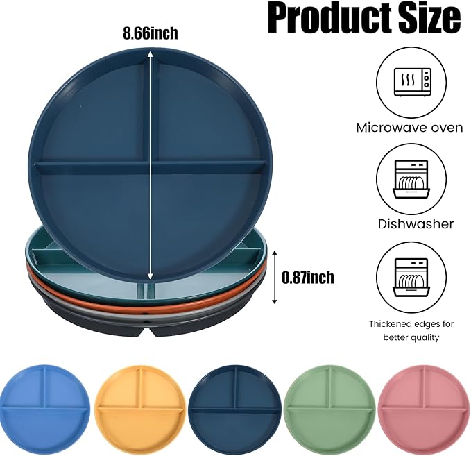 10 Pcs Unbreakable Divided Plates for Kids Adults, 9 Inch Round Portion Control Plate, 3 Compartment Plates with Dividers, Lightweight Reusable Dinnerware Portion Control Plastic, Dishwasher Safe