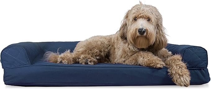 Furhaven Cooling Gel Dog Bed for Large/Medium Dogs w/ Removable Bolsters & Washable Cover, For Dogs Up to 55 lbs - Quilted Sofa - Navy (Blue), Large