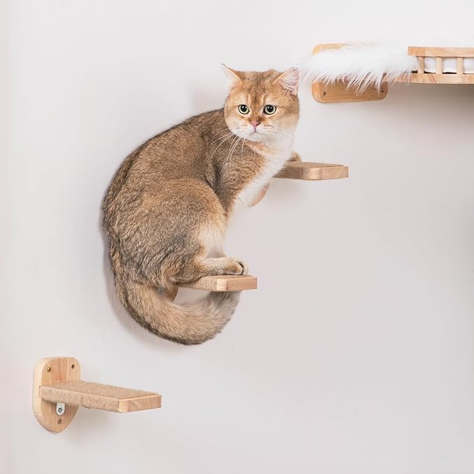 3pcs Cat Wall Steps, Climbing Mounted Furniture, Shelves With Hemp Rope Covered, Solid Wood Ladder for Playing and Climbing (Large-Wood)