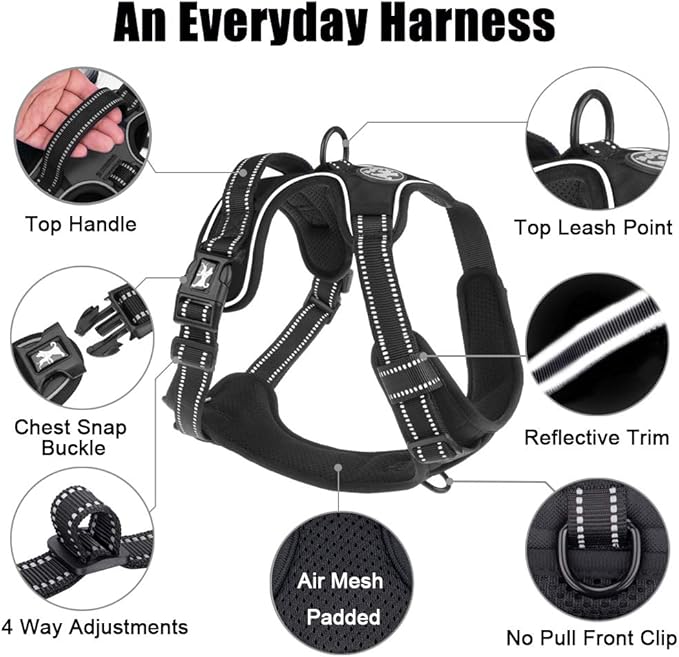 PoyPet No Pull Dog Harness, Reflective Comfortable Vest Harness with Front & Back 2 Leash Attachments and Easy Control Handle Adjustable Soft Padded Pet Vest for Small to Large Dogs (Black,S)