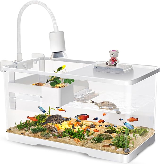 (Tank + Light + Filter + Filter Balls) Turtle Tank Kit, Turtle Tank Starter Kit,Bottom Drainage, Multi-Function Areas for Turtles, Crabs,Fishes, Amphibians,Reptiles. (15.75 x 8.64 x 8.64 Inch)