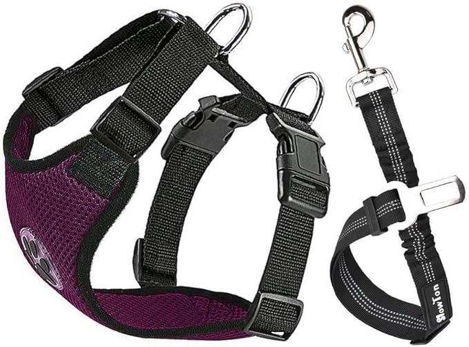 SlowTon Dog Seat Belt Harness for Car, Dog Car Harness Adjustable Mesh Breathable & Dog Seatbelt Safety Tether with Elastic Bungee for Small Medium Large Pets(Burgundy, Single Clip, L)